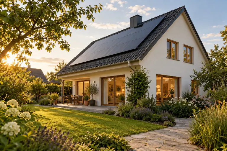 Illustration eines behaglichen, modernisierten Wohnhauses mit Garten