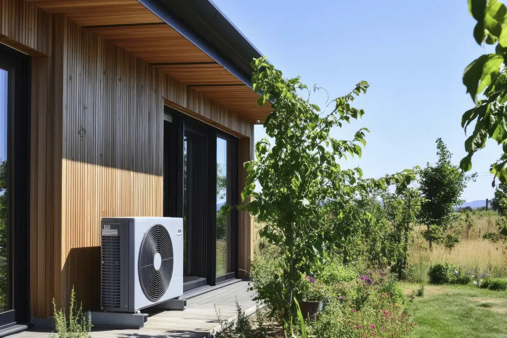Außeneinheit einer Wärmepumpe neben einem Wohnhaus